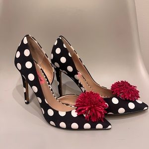 Betsy Johnson polka dot d’orsay pump with pink suede pompon detail 8.5